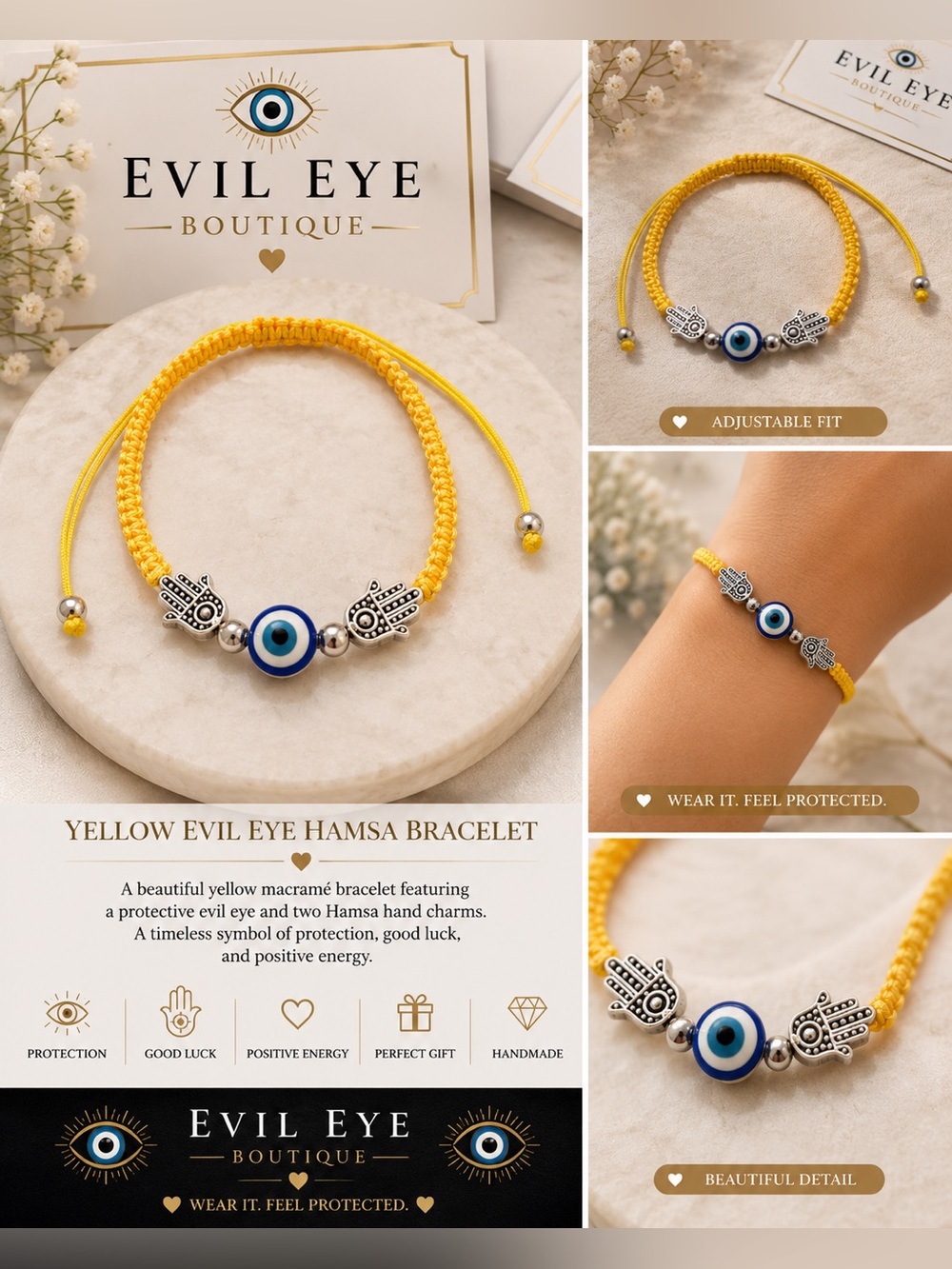 🧿💛Yellow Evil Eye Hamsa Bracelet🧿💛